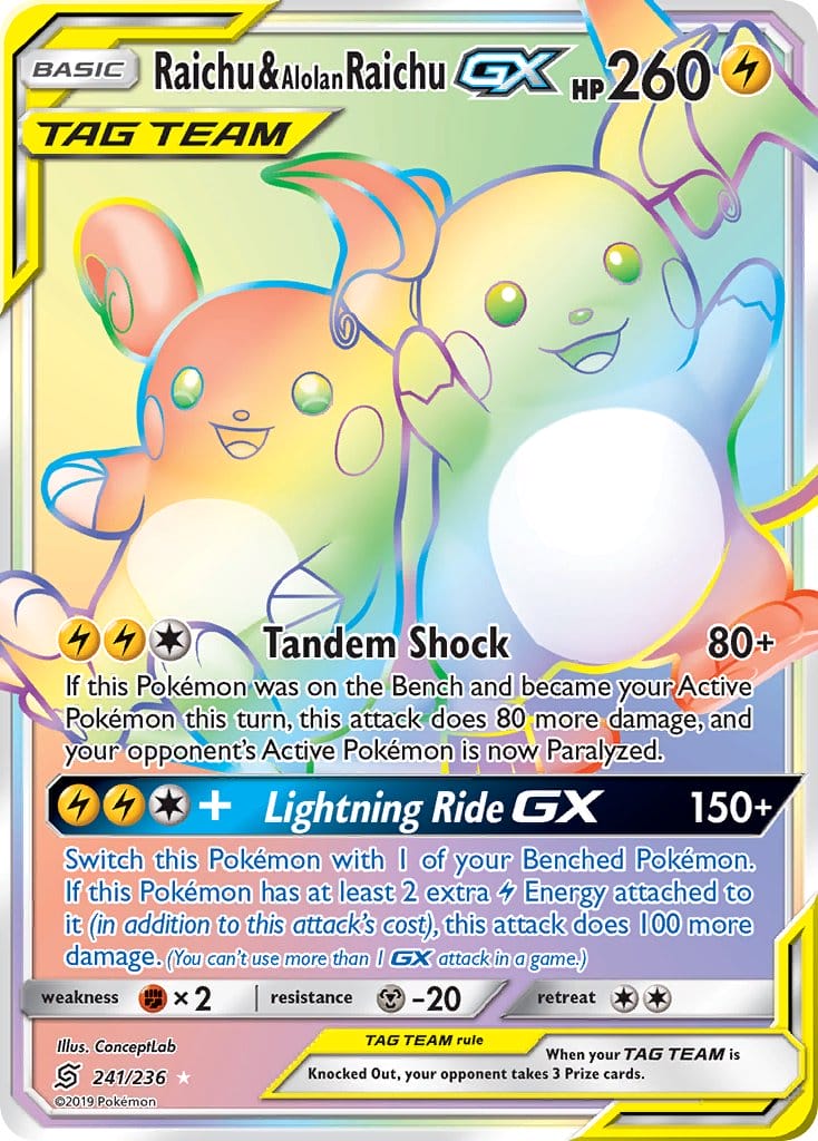 Raichu & Alolan Raichu GX – 241/236 – Hyper Rare – Inglés – Huntercard TCG